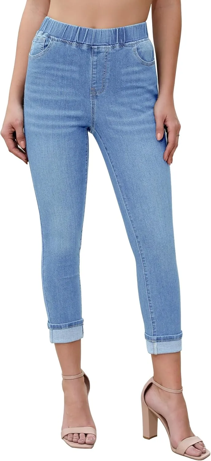 Vetinee Capris Jeans for Women High Waisted Pull On Elastic Waist Skinny Stretchy Denim Capri Pants Rolled Cropped Jeans