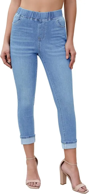 Vetinee Capris Jeans for Women High Waisted Pull On Elastic Waist Skinny Stretchy Denim Capri Pants Rolled Cropped Jeans