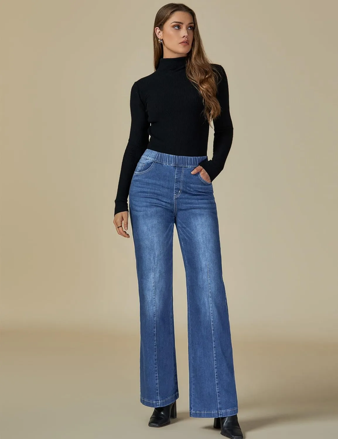 Vetinee Wide Leg Womens Jeans High Waisted Trendy Pull On Seamed Front Stretchy Denim Jean Pants Pockets Trouser Jeans
