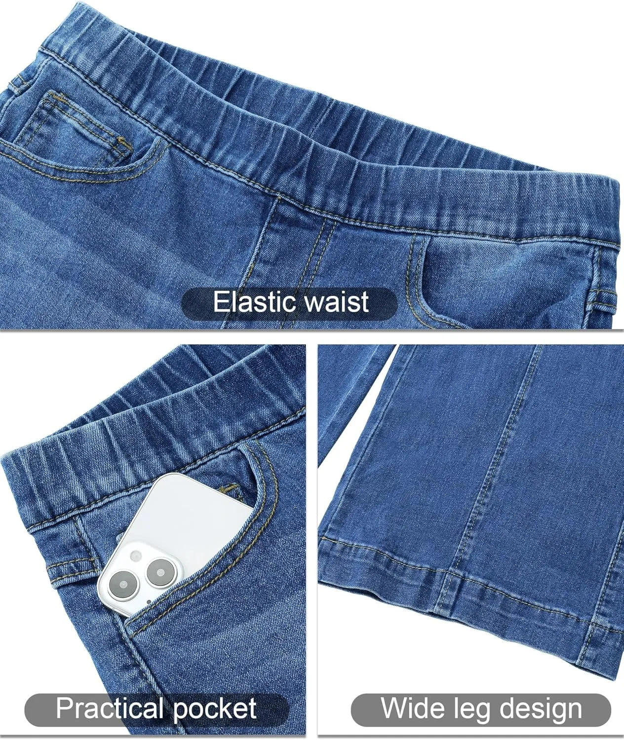 Vetinee Wide Leg Womens Jeans High Waisted Trendy Pull On Seamed Front Stretchy Denim Jean Pants Pockets Trouser Jeans
