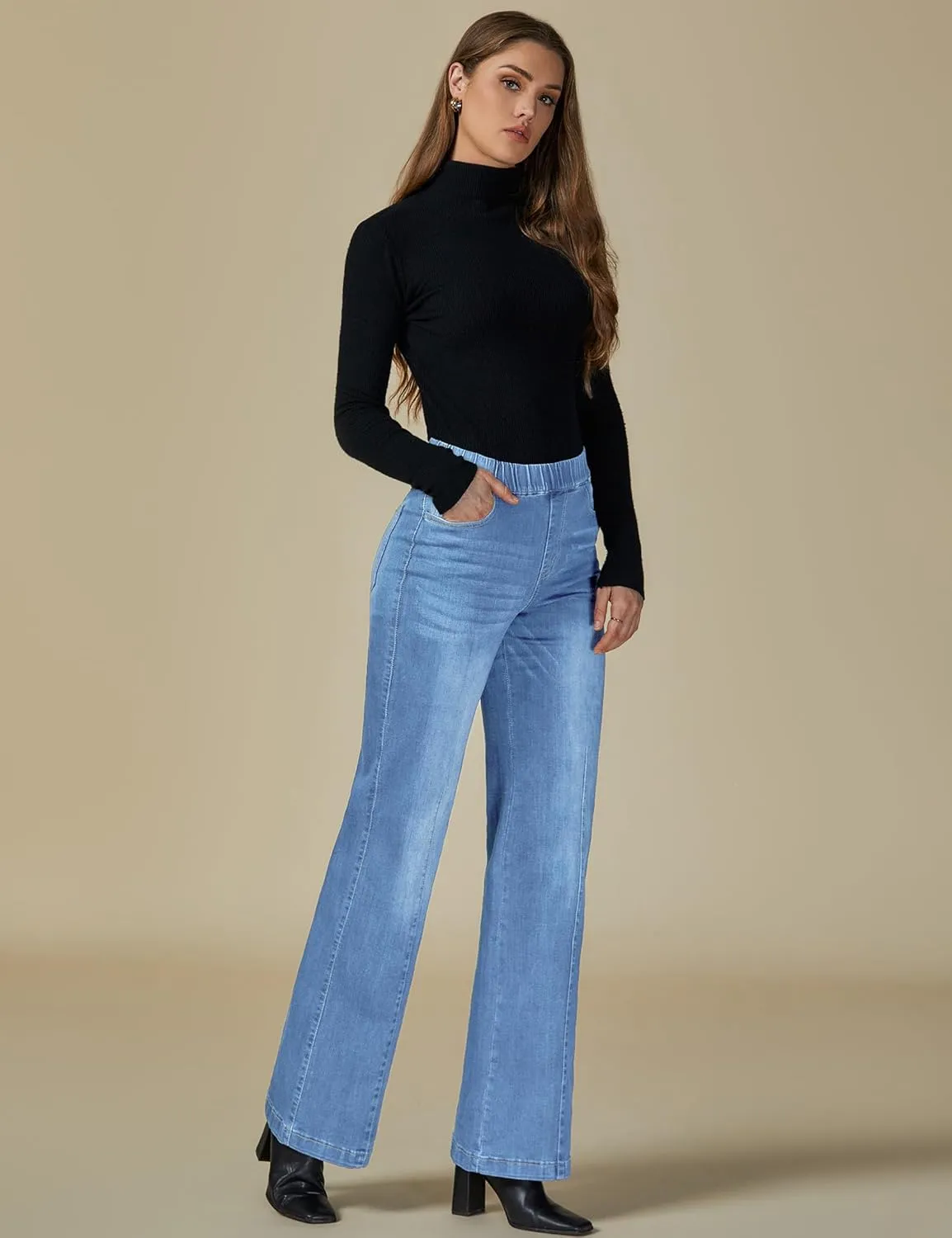 Vetinee Wide Leg Womens Jeans High Waisted Trendy Pull On Seamed Front Stretchy Denim Jean Pants Pockets Trouser Jeans