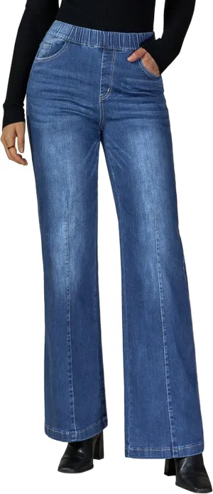 Vetinee Wide Leg Womens Jeans High Waisted Trendy Pull On Seamed Front Stretchy Denim Jean Pants Pockets Trouser Jeans