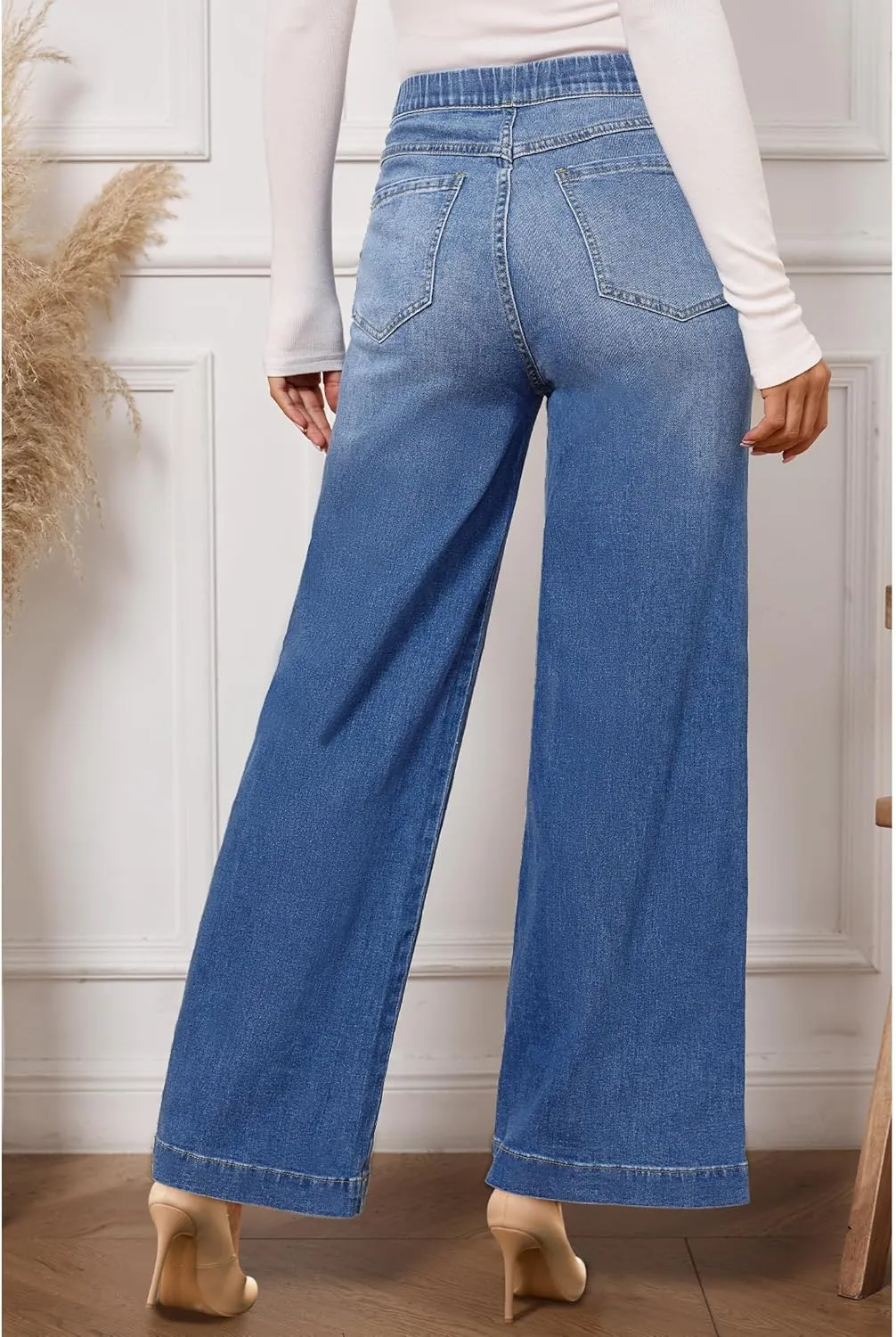 Vetinee Wide Leg Womens Jeans High Waisted Trendy Pull On Seamed Front Stretchy Denim Jean Pants Pockets Trouser Jeans