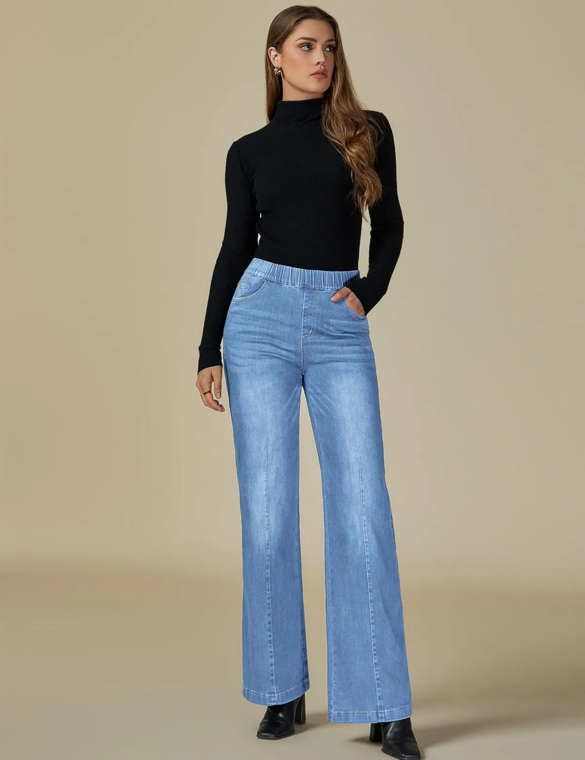 Vetinee Wide Leg Womens Jeans High Waisted Trendy Pull On Seamed Front Stretchy Denim Jean Pants Pockets Trouser Jeans