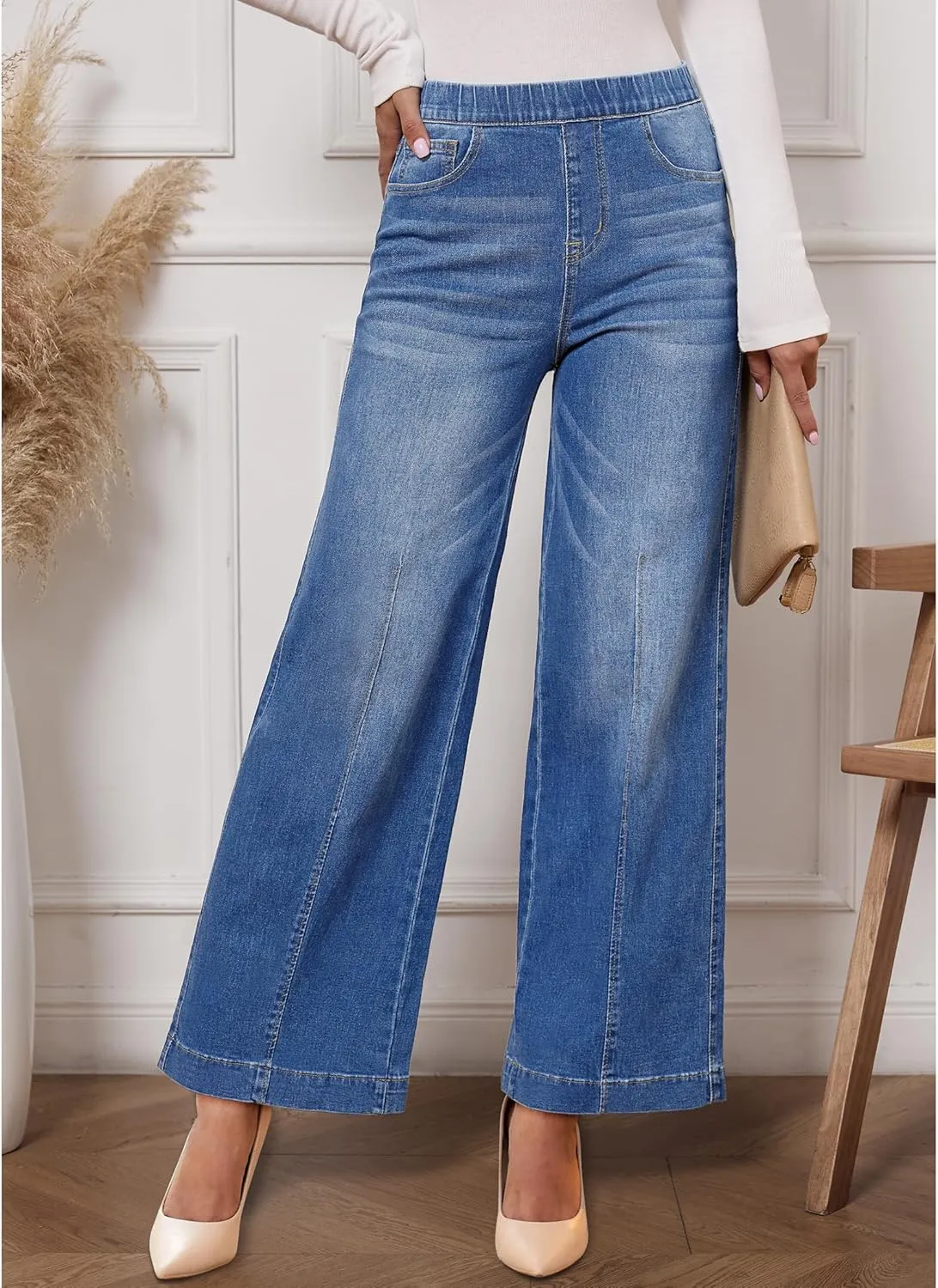 Vetinee Wide Leg Womens Jeans High Waisted Trendy Pull On Seamed Front Stretchy Denim Jean Pants Pockets Trouser Jeans