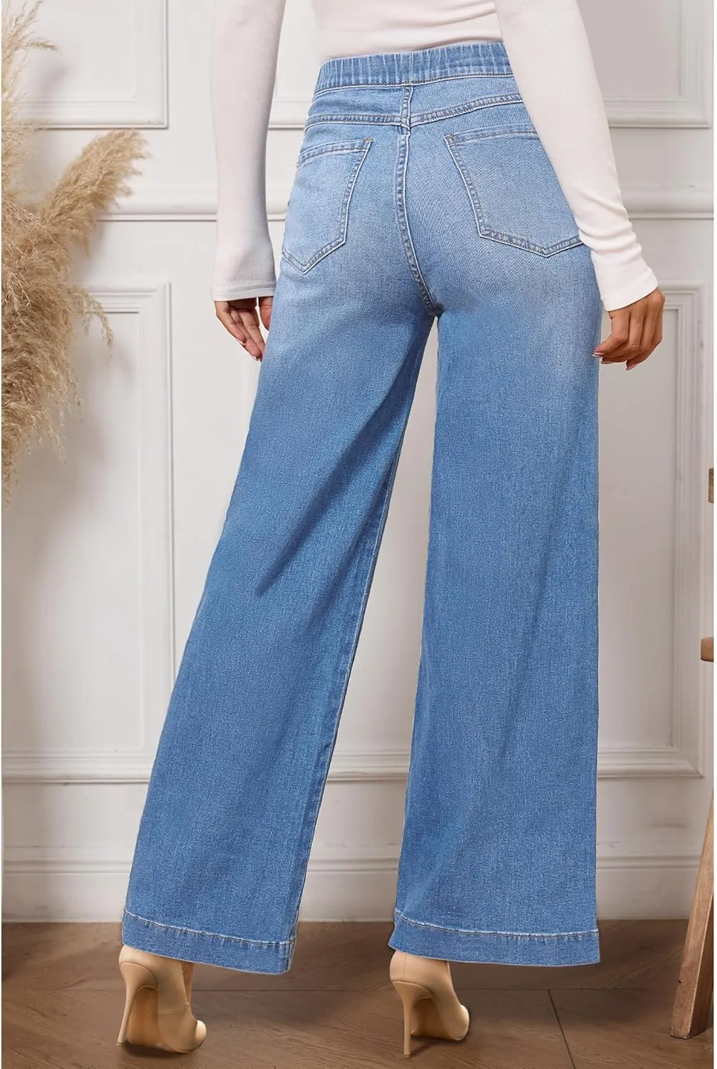 Vetinee Wide Leg Womens Jeans High Waisted Trendy Pull On Seamed Front Stretchy Denim Jean Pants Pockets Trouser Jeans
