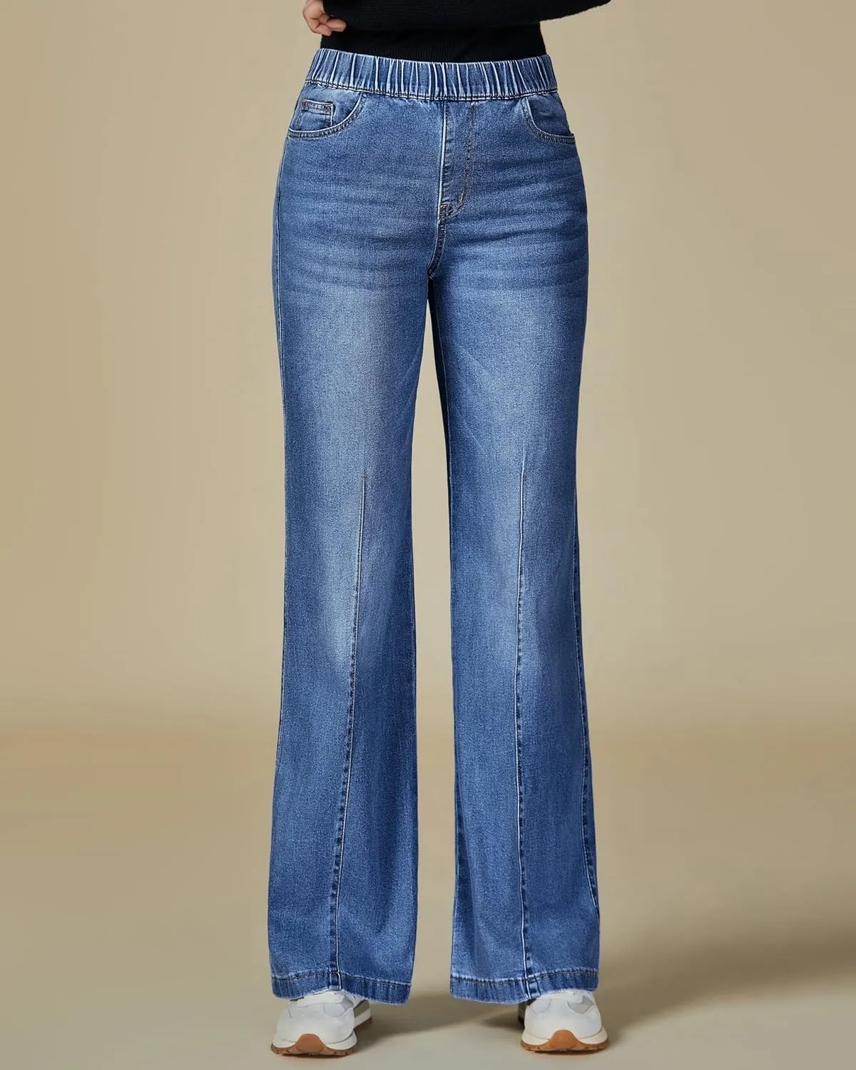 Vetinee Wide Leg Womens Jeans High Waisted Trendy Pull On Seamed Front Stretchy Denim Jean Pants Pockets Trouser Jeans