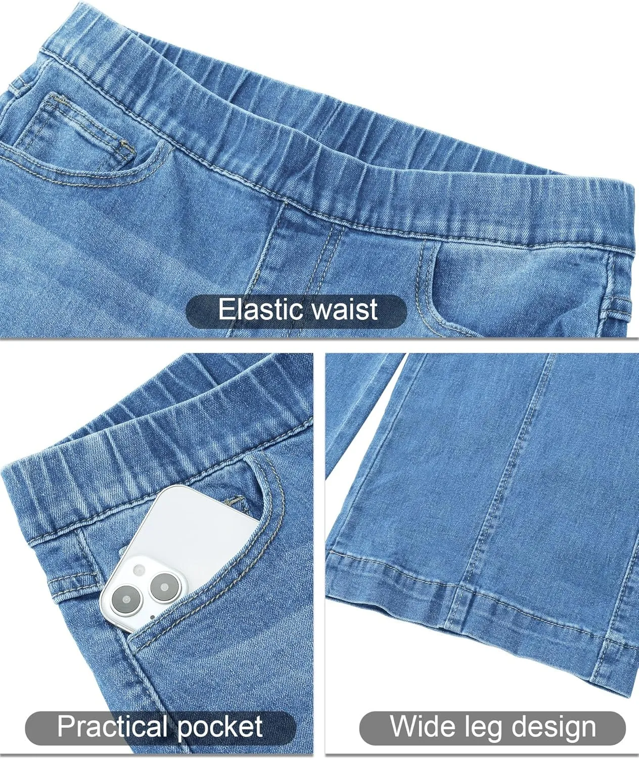 Vetinee Wide Leg Womens Jeans High Waisted Trendy Pull On Seamed Front Stretchy Denim Jean Pants Pockets Trouser Jeans