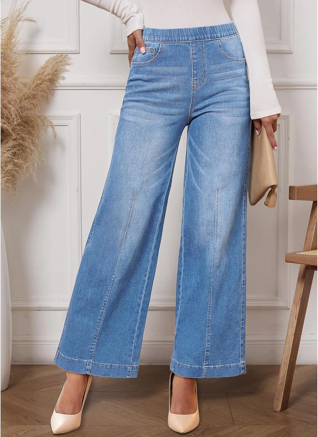 Vetinee Wide Leg Womens Jeans High Waisted Trendy Pull On Seamed Front Stretchy Denim Jean Pants Pockets Trouser Jeans