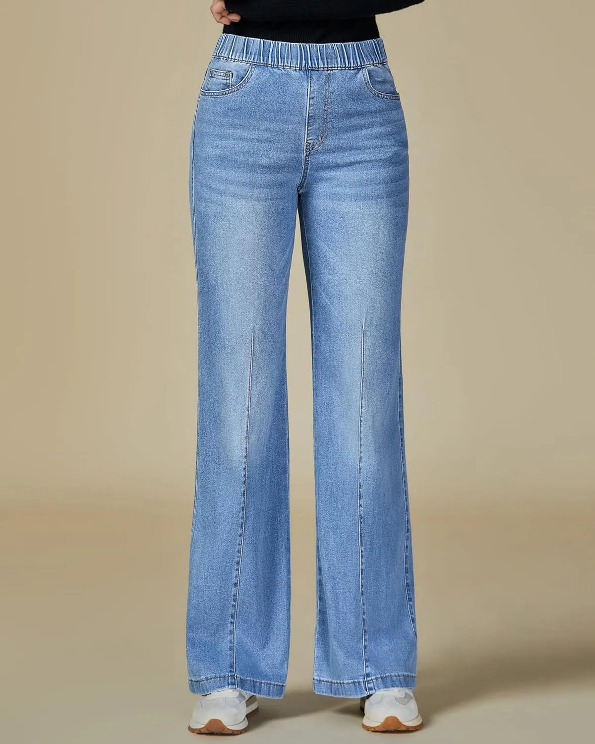 Vetinee Wide Leg Womens Jeans High Waisted Trendy Pull On Seamed Front Stretchy Denim Jean Pants Pockets Trouser Jeans