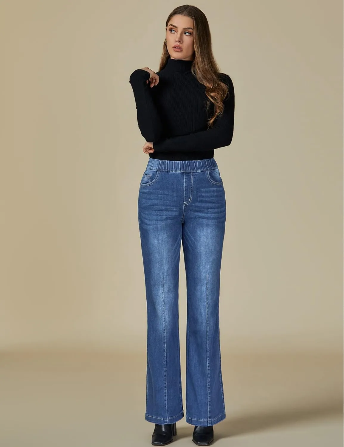 Vetinee Wide Leg Womens Jeans High Waisted Trendy Pull On Seamed Front Stretchy Denim Jean Pants Pockets Trouser Jeans