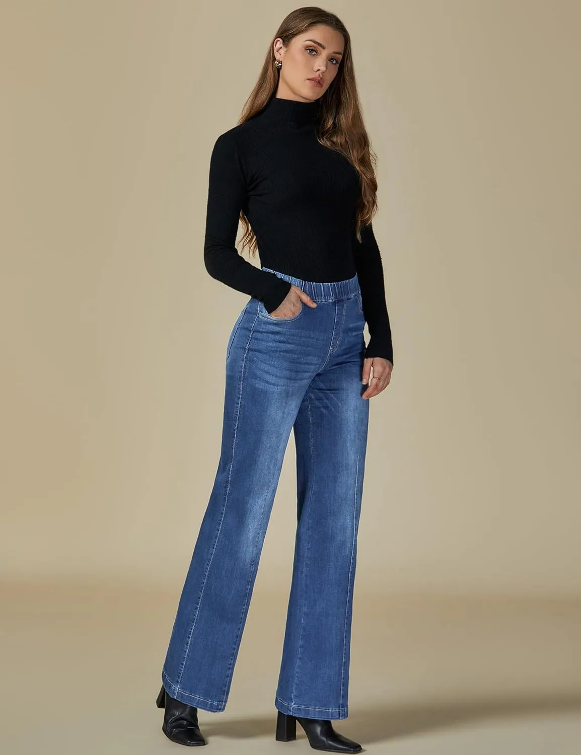 Vetinee Wide Leg Womens Jeans High Waisted Trendy Pull On Seamed Front Stretchy Denim Jean Pants Pockets Trouser Jeans
