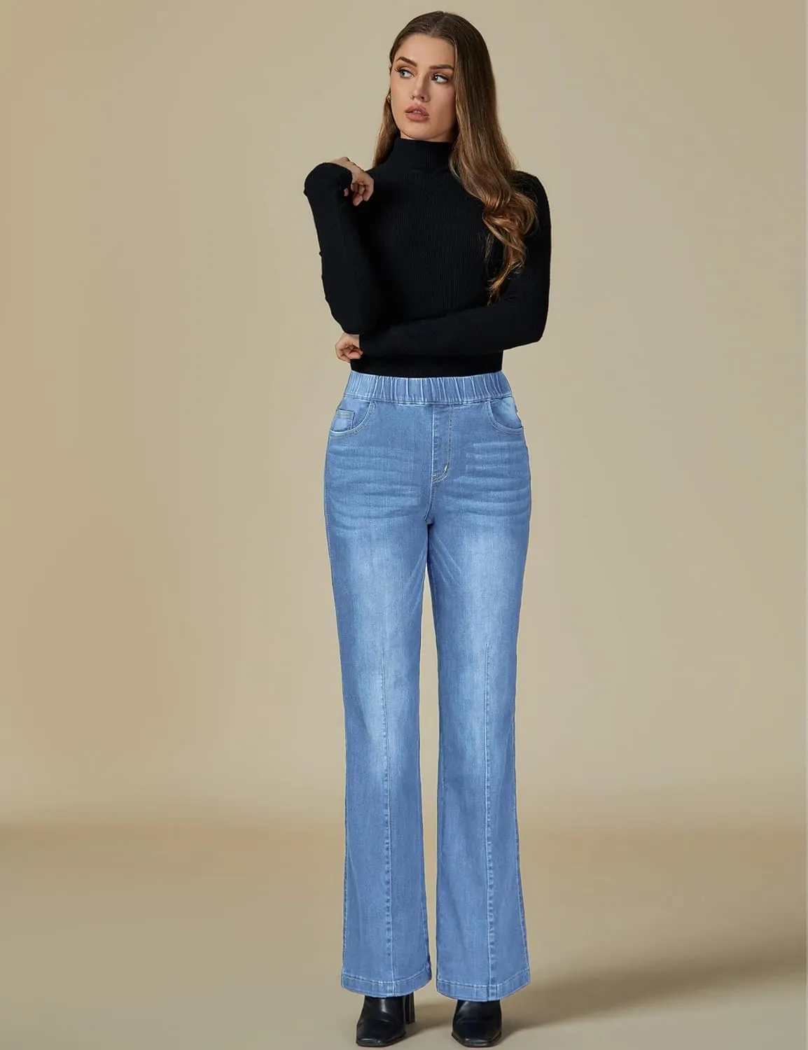 Vetinee Wide Leg Womens Jeans High Waisted Trendy Pull On Seamed Front Stretchy Denim Jean Pants Pockets Trouser Jeans