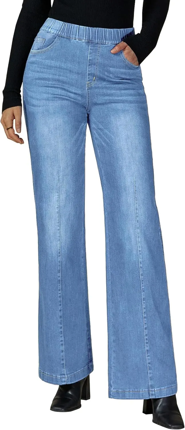 Vetinee Wide Leg Womens Jeans High Waisted Trendy Pull On Seamed Front Stretchy Denim Jean Pants Pockets Trouser Jeans
