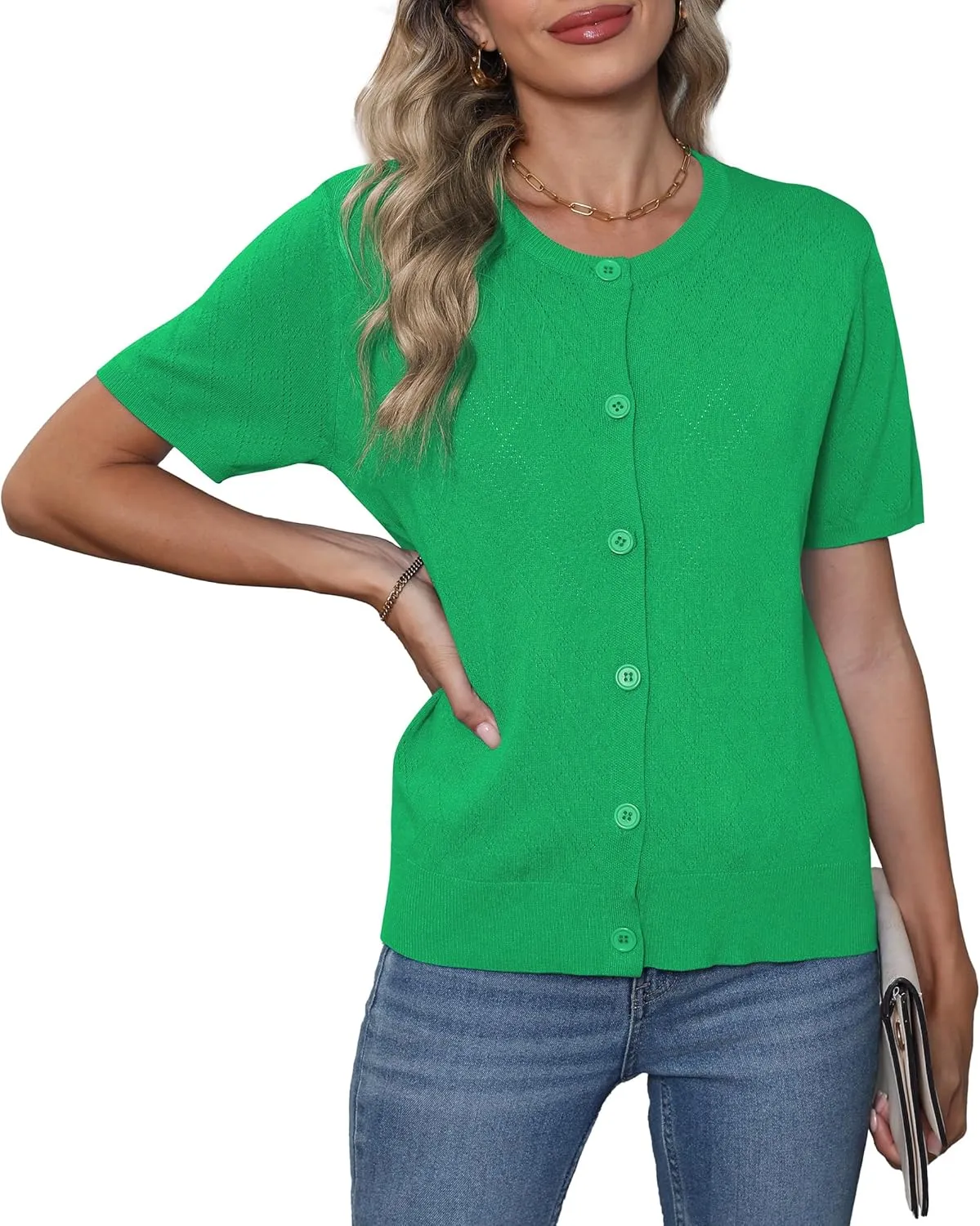VIISHOW Women's Summer Lightweight Short Sleeve Cardigan Crochet Knit Shrug Open Front Crew Neck Button Up Casual Tops