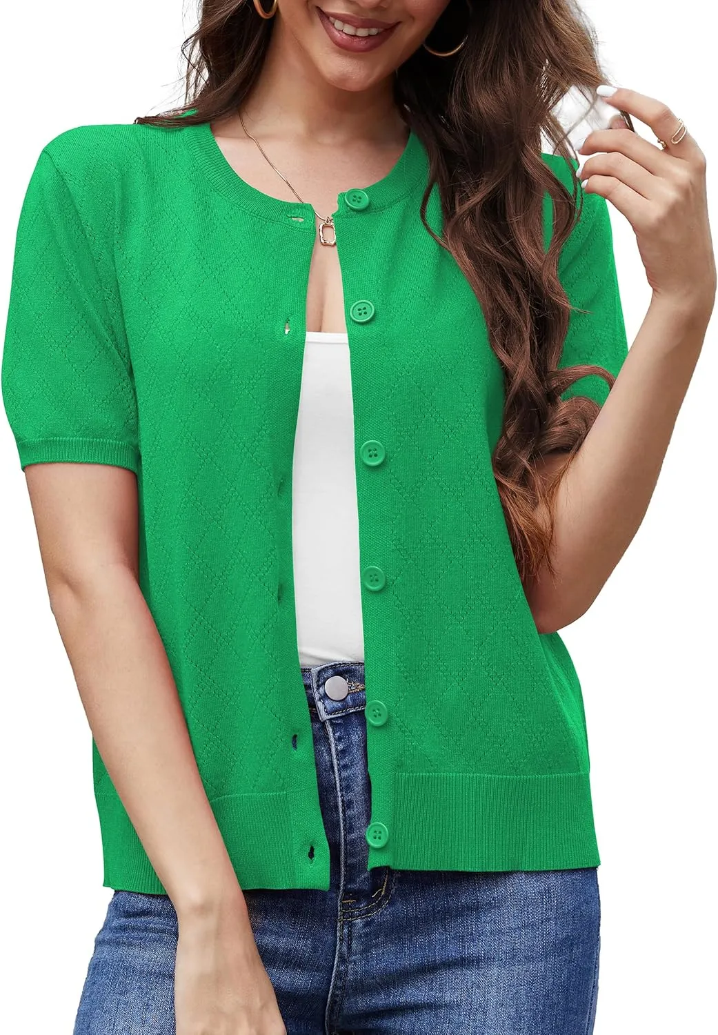 VIISHOW Women's Summer Lightweight Short Sleeve Cardigan Crochet Knit Shrug Open Front Crew Neck Button Up Casual Tops
