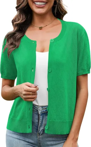 VIISHOW Women's Summer Lightweight Short Sleeve Cardigan Crochet Knit Shrug Open Front Crew Neck Button Up Casual Tops