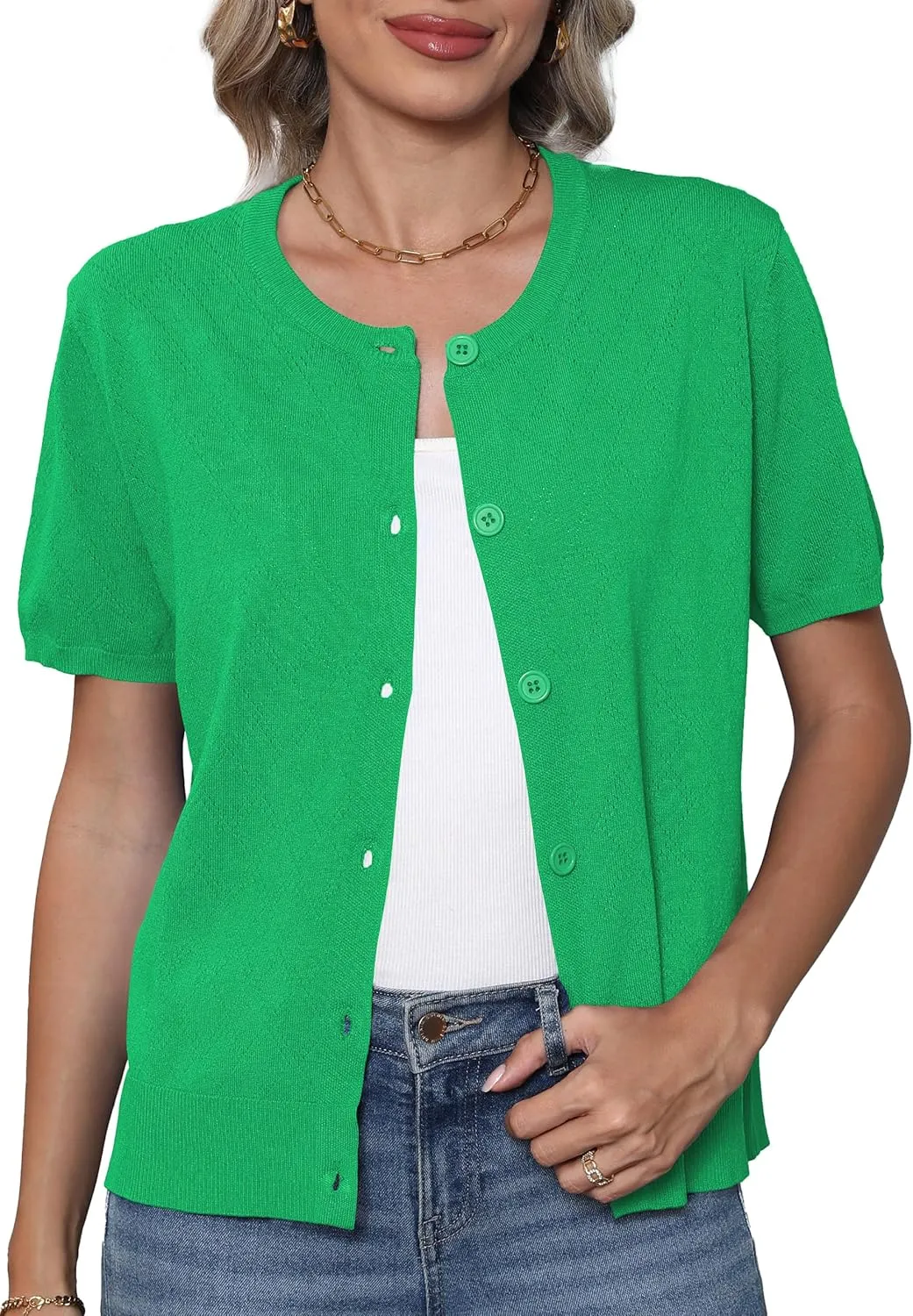 VIISHOW Women's Summer Lightweight Short Sleeve Cardigan Crochet Knit Shrug Open Front Crew Neck Button Up Casual Tops