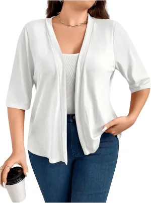WDIRARA Women's Plus Size Lightweight Open Front Cardigan Casual Half Sleeve Kimono Cardigans