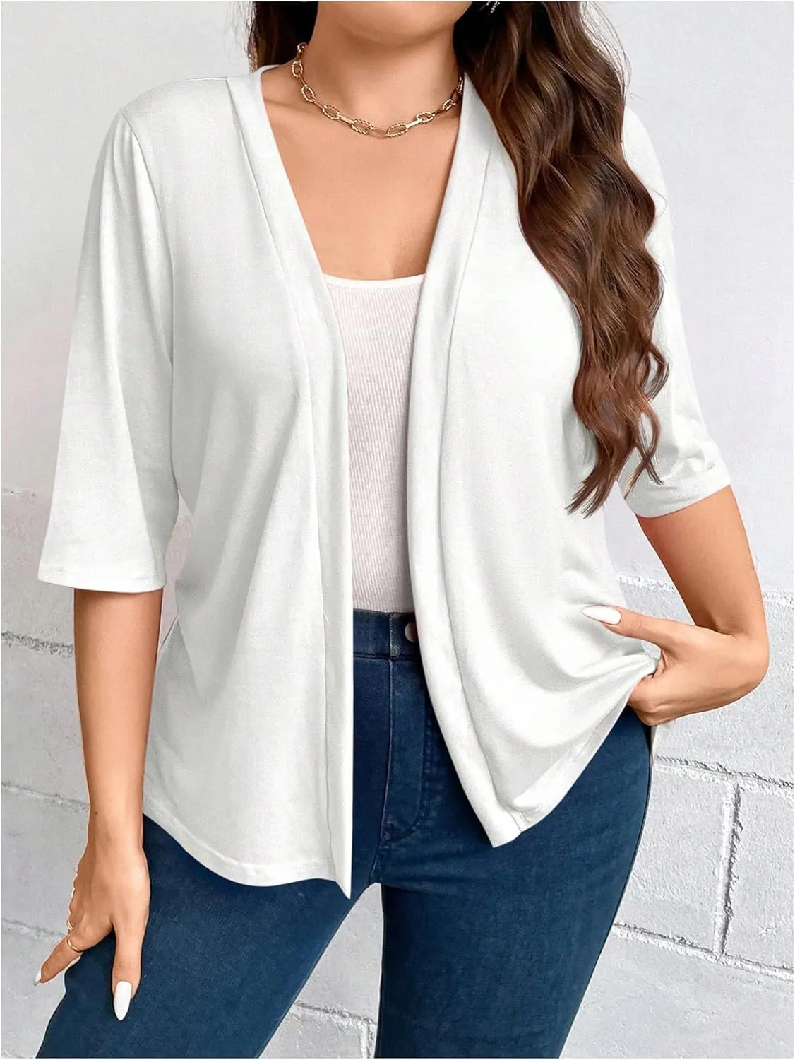WDIRARA Women's Plus Size Lightweight Open Front Cardigan Casual Half Sleeve Kimono Cardigans