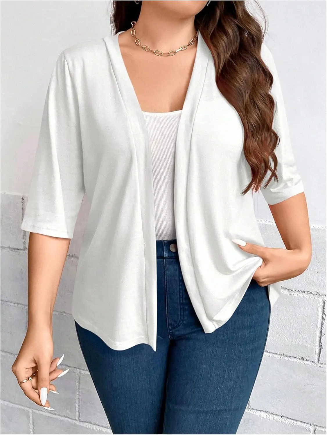 WDIRARA Women's Plus Size Lightweight Open Front Cardigan Casual Half Sleeve Kimono Cardigans