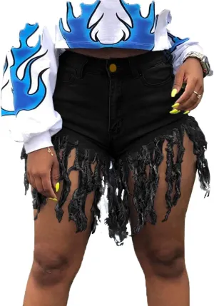 Weigou Women Denim Shorts High Waisted Tassels Summer Stretchy Frayed Raw Hem Short Jeans Clubwear Jeans Short
