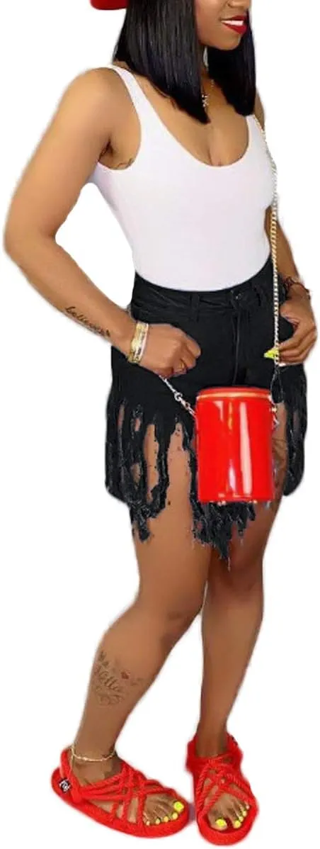 Weigou Women Denim Shorts High Waisted Tassels Summer Stretchy Frayed Raw Hem Short Jeans Clubwear Jeans Short