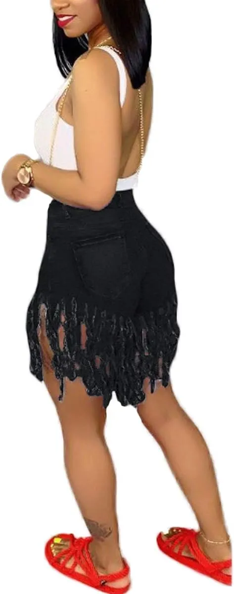 Weigou Women Denim Shorts High Waisted Tassels Summer Stretchy Frayed Raw Hem Short Jeans Clubwear Jeans Short