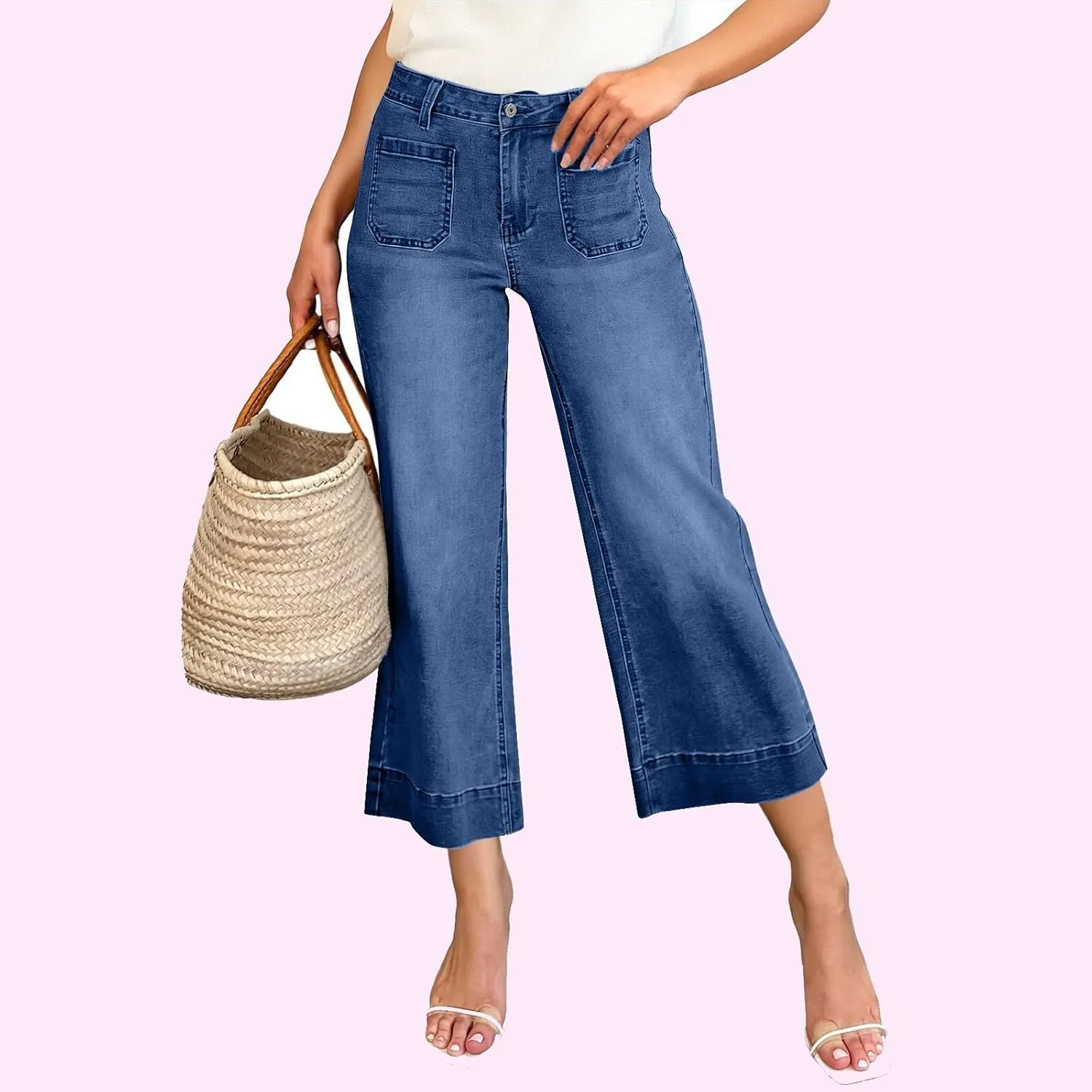 Wide Leg Cropped Jeans for Women Bootcut High Waisted Flare Jeans Stretchy Baggy Denim Pants with Front Patch Pockets