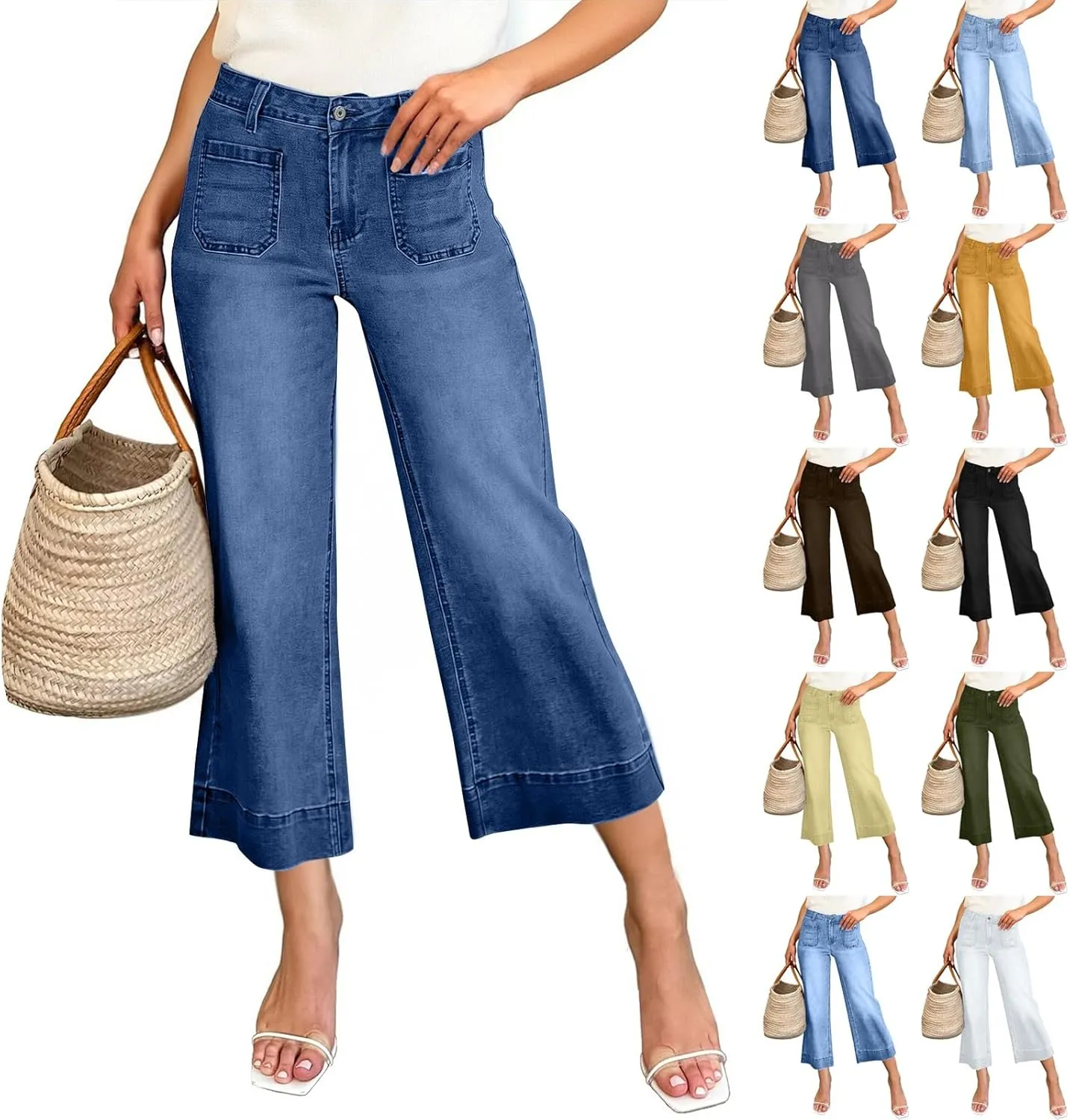Wide Leg Cropped Jeans for Women Bootcut High Waisted Flare Jeans Stretchy Baggy Denim Pants with Front Patch Pockets