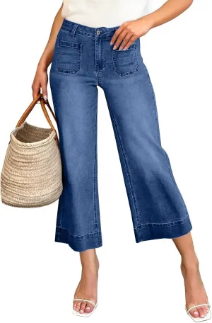 Wide Leg Cropped Jeans for Women Bootcut High Waisted Flare Jeans Stretchy Baggy Denim Pants with Front Patch Pockets