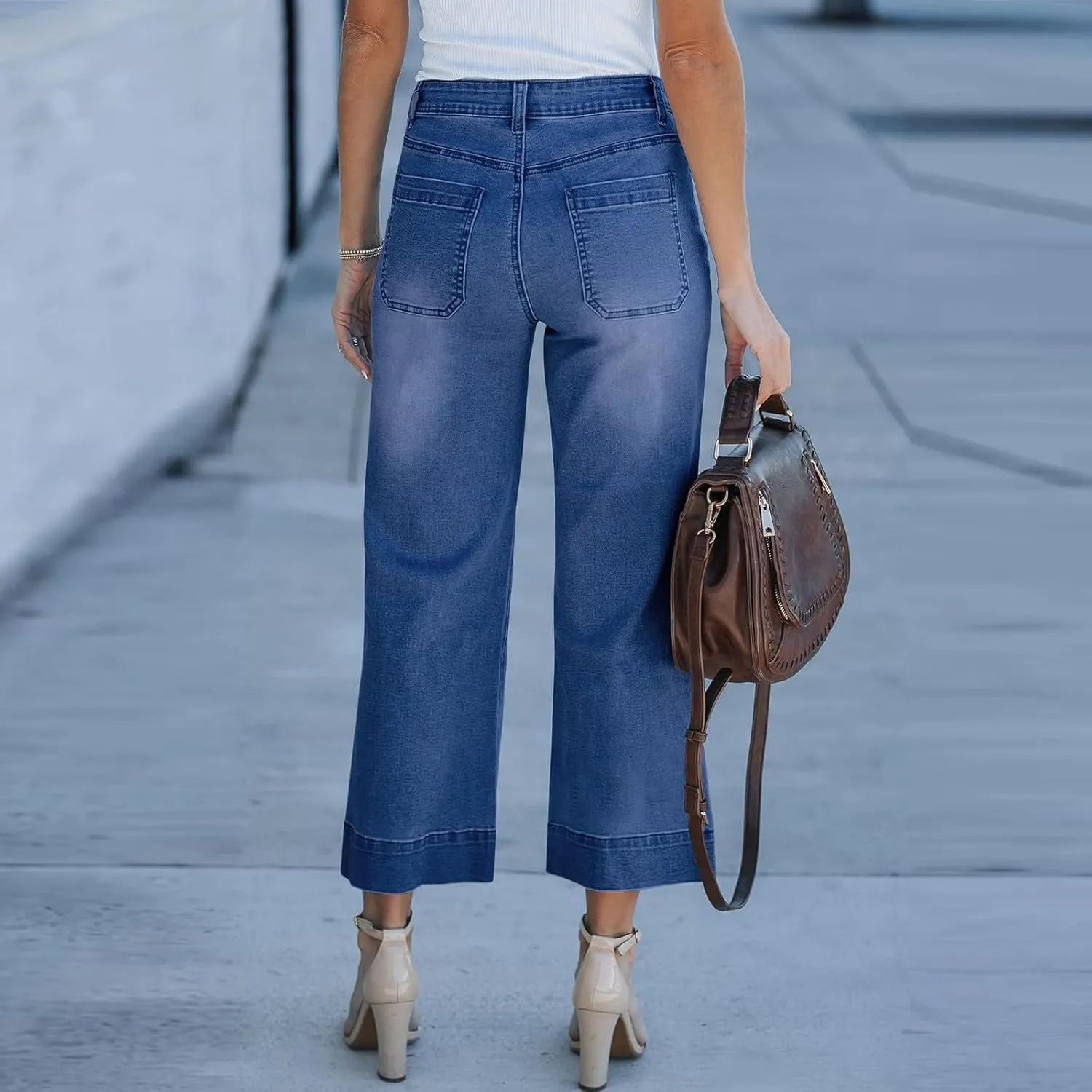 Wide Leg Cropped Jeans for Women Bootcut High Waisted Flare Jeans Stretchy Baggy Denim Pants with Front Patch Pockets