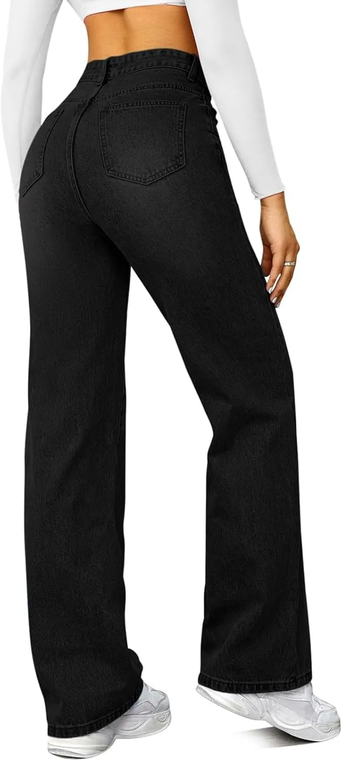 Wide Leg Jeans for Women Cropped High Waisted Trendy Button Fly Patch Pocket Stretchy Denim Pants Trousers Jeans