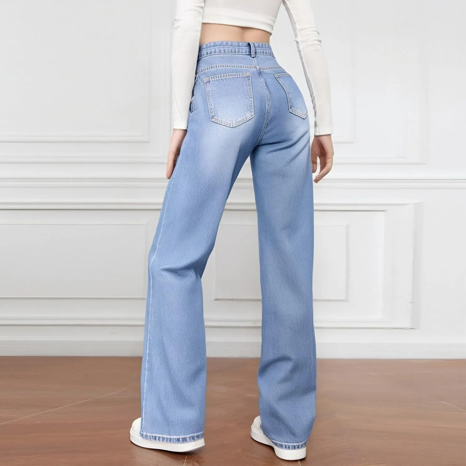 Wide Leg Jeans for Women Cropped High Waisted Trendy Button Fly Patch Pocket Stretchy Denim Pants Trousers Jeans