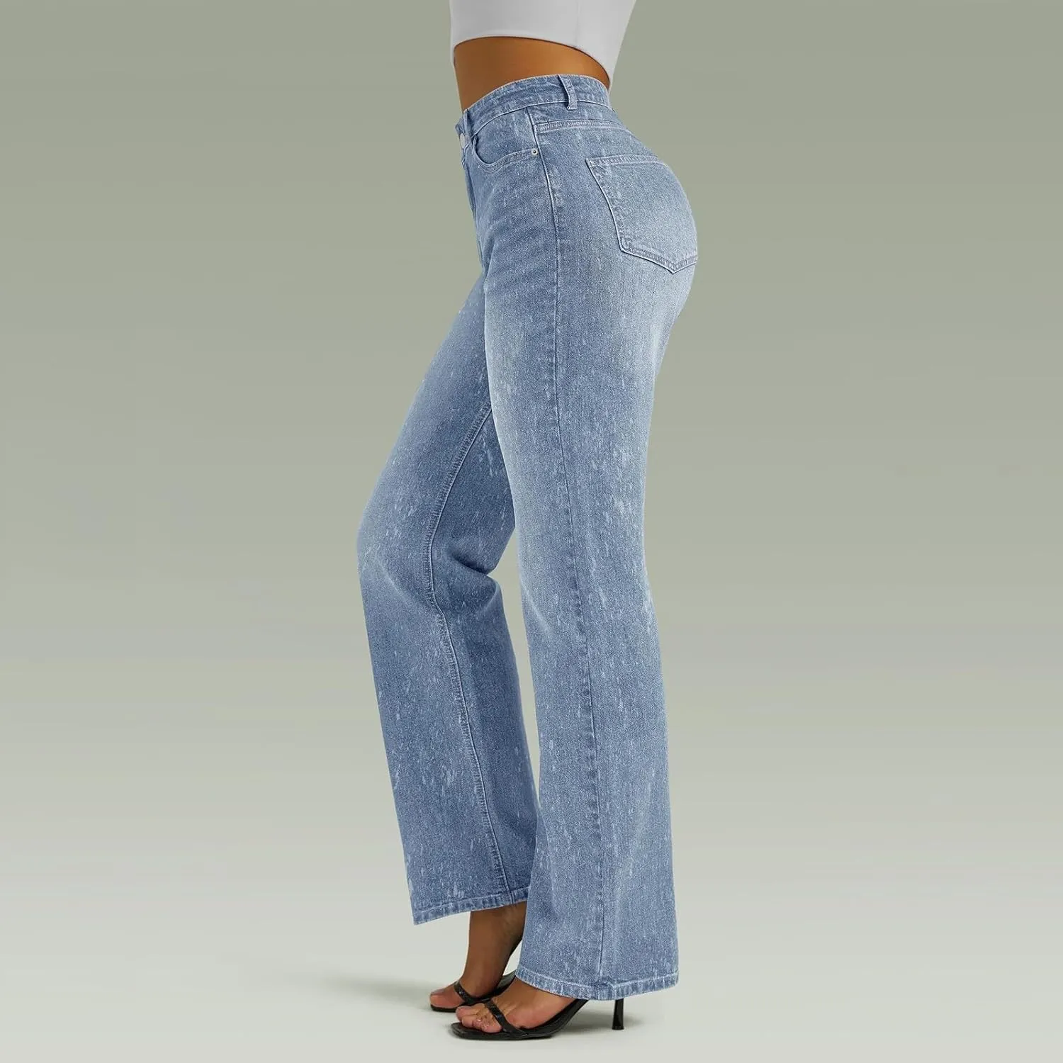Wide Leg Jeans for Women Cropped High Waisted Trendy Button Fly Patch Pocket Stretchy Denim Pants Trousers Jeans