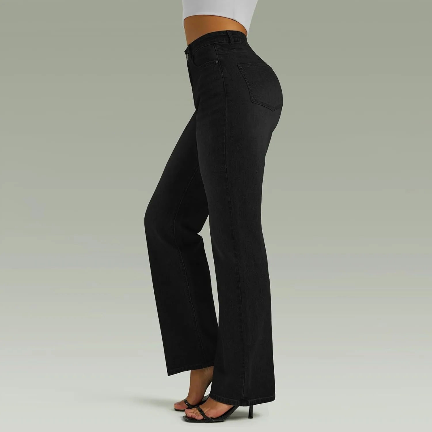 Wide Leg Jeans for Women Cropped High Waisted Trendy Button Fly Patch Pocket Stretchy Denim Pants Trousers Jeans