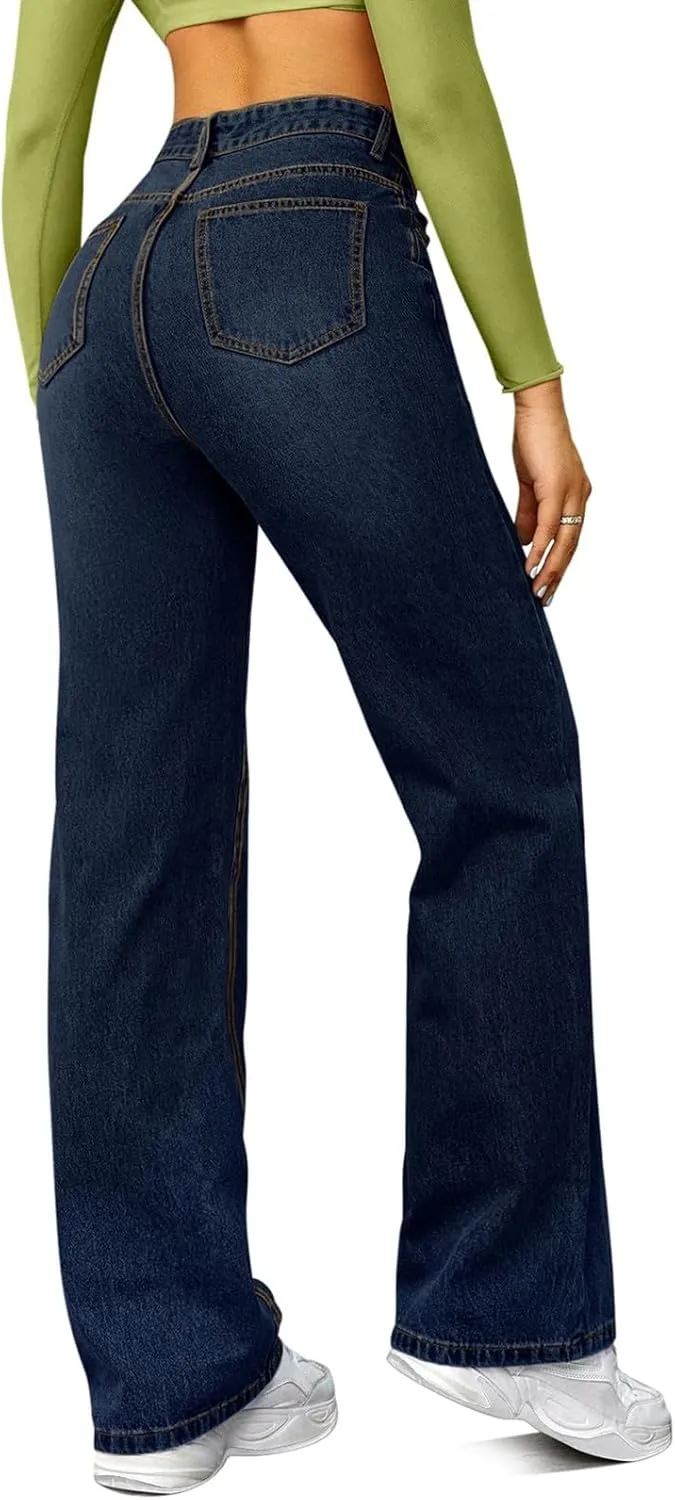 Wide Leg Jeans for Women Cropped High Waisted Trendy Button Fly Patch Pocket Stretchy Denim Pants Trousers Jeans