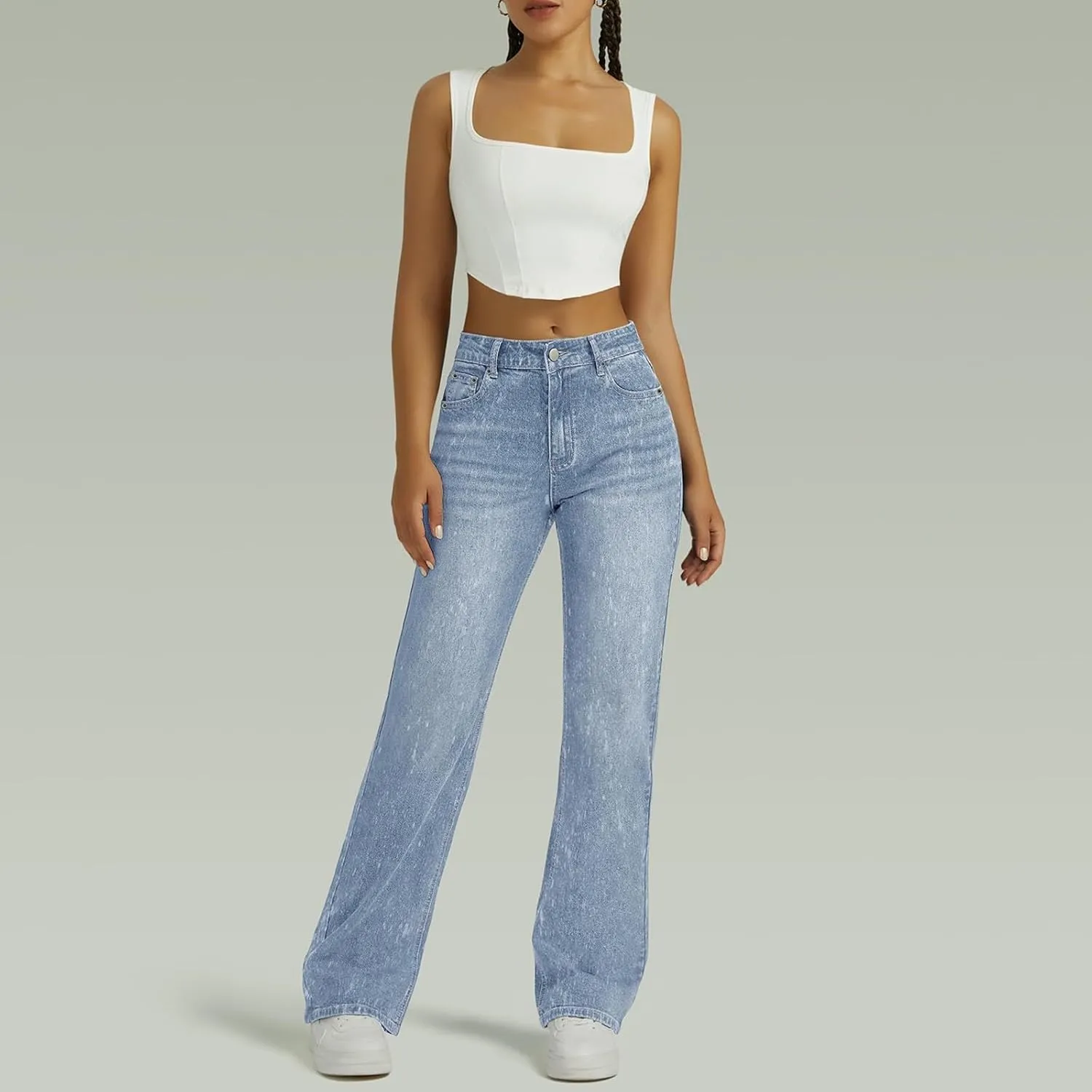 Wide Leg Jeans for Women Cropped High Waisted Trendy Button Fly Patch Pocket Stretchy Denim Pants Trousers Jeans