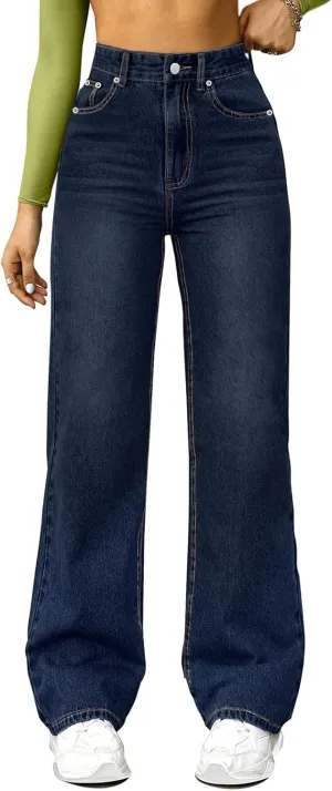 Wide Leg Jeans for Women Cropped High Waisted Trendy Button Fly Patch Pocket Stretchy Denim Pants Trousers Jeans