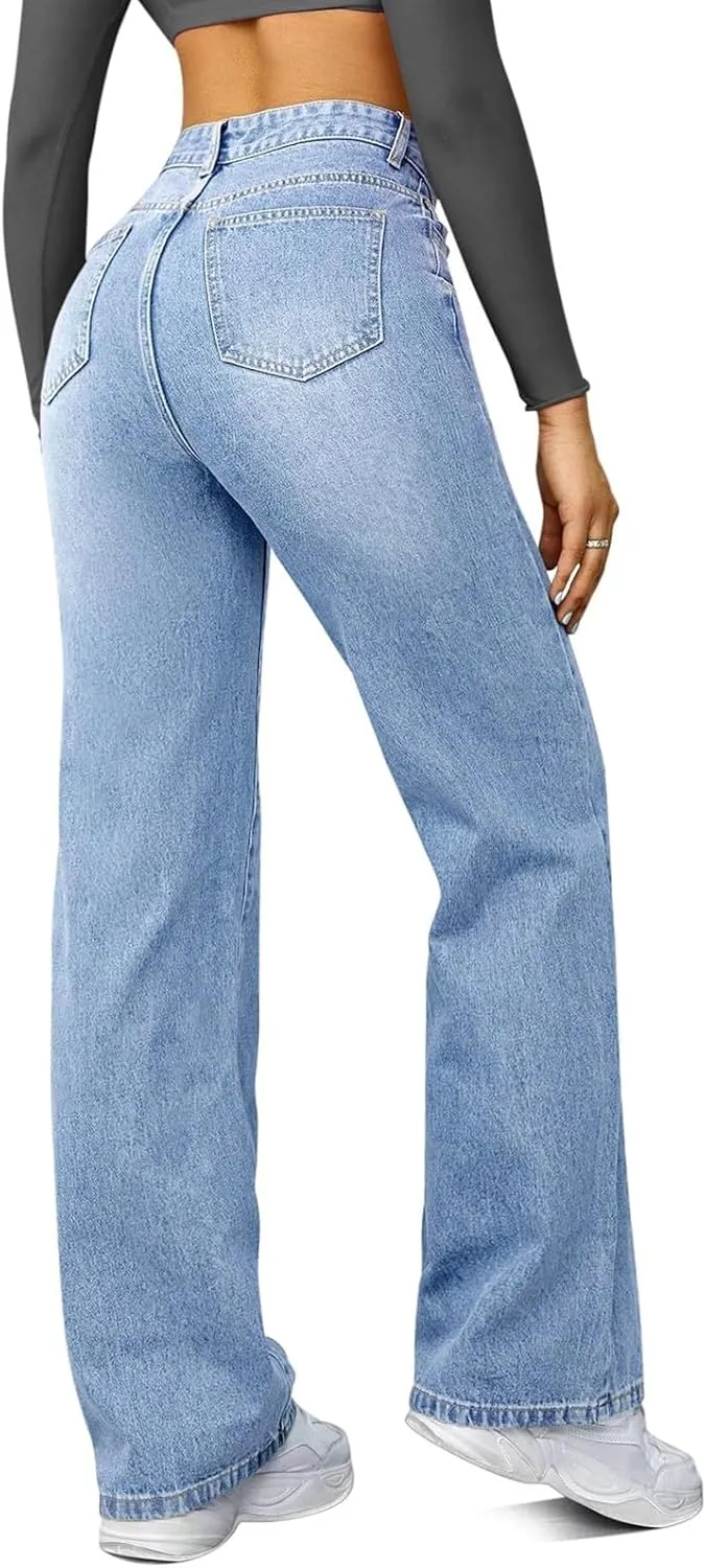Wide Leg Jeans for Women Cropped High Waisted Trendy Button Fly Patch Pocket Stretchy Denim Pants Trousers Jeans