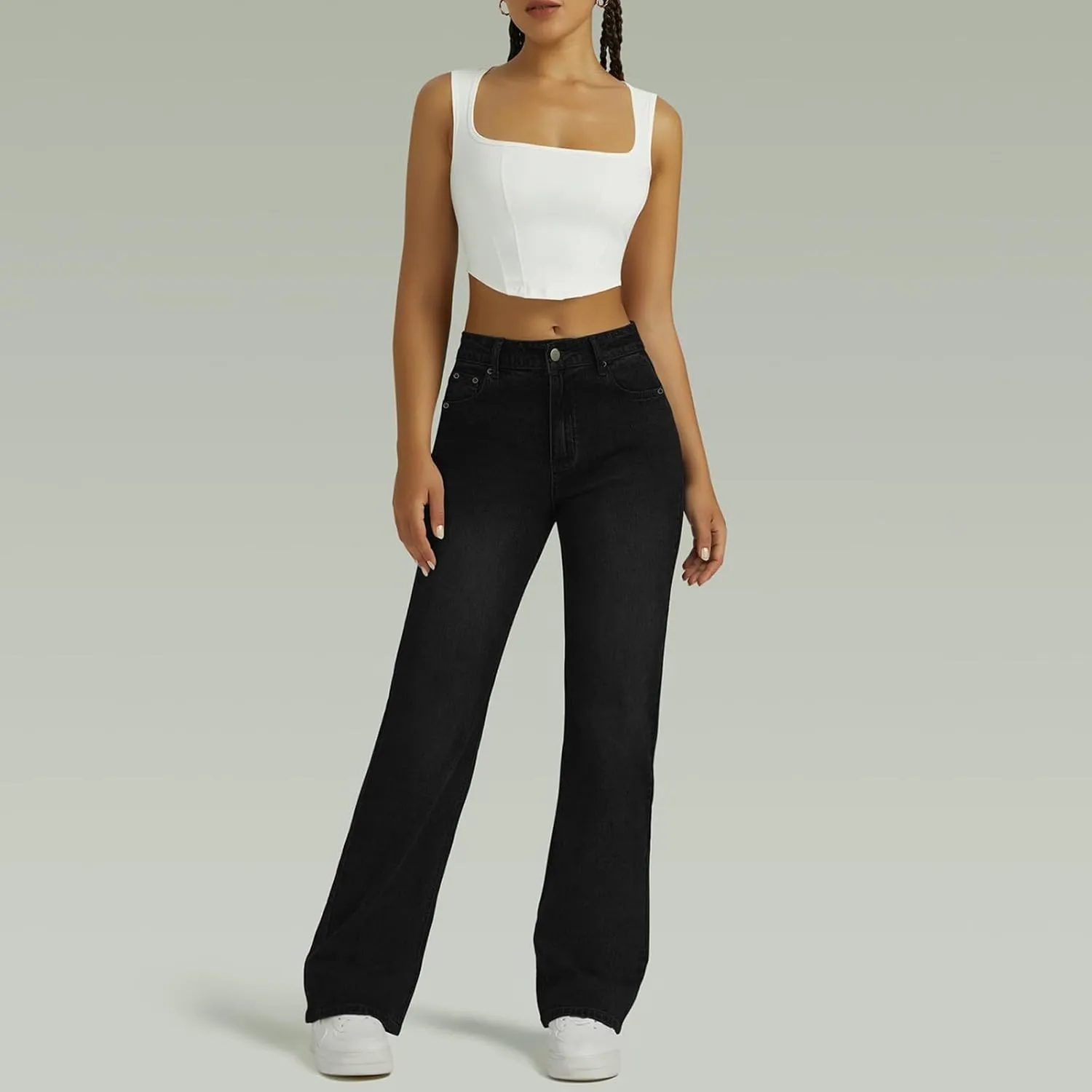 Wide Leg Jeans for Women Cropped High Waisted Trendy Button Fly Patch Pocket Stretchy Denim Pants Trousers Jeans
