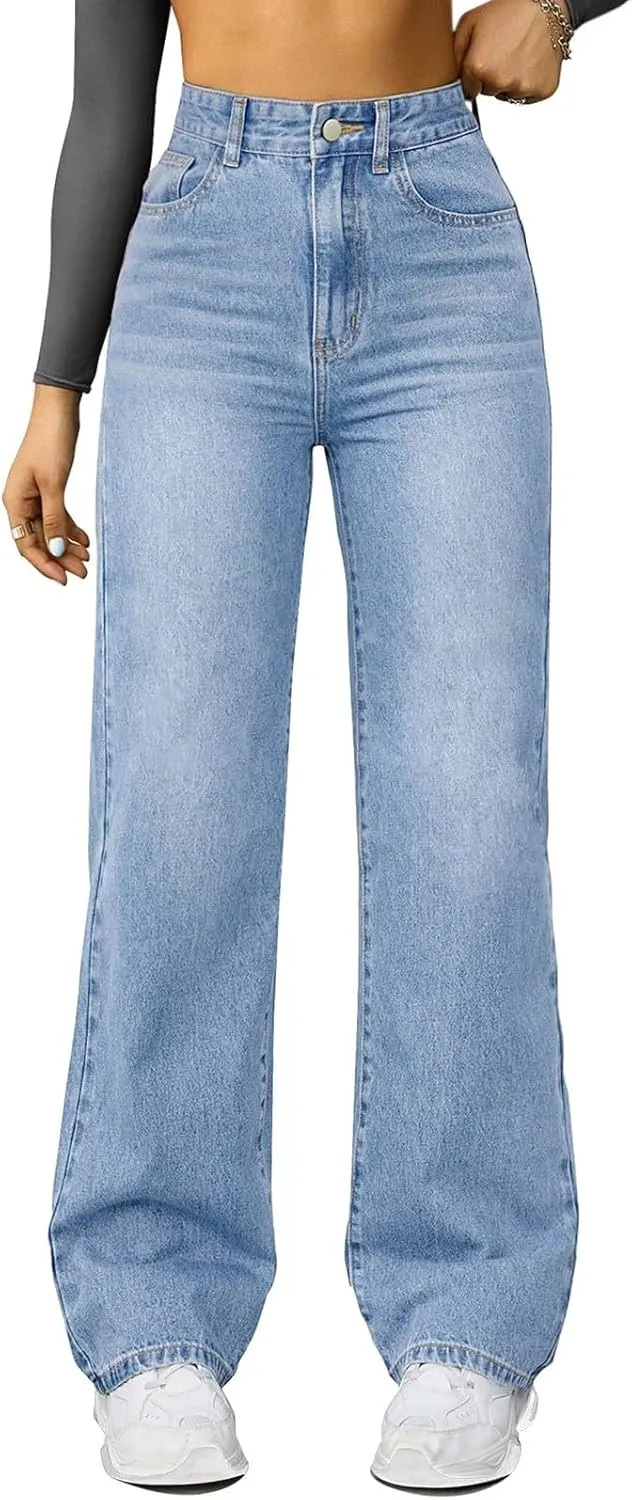 Wide Leg Jeans for Women Cropped High Waisted Trendy Button Fly Patch Pocket Stretchy Denim Pants Trousers Jeans