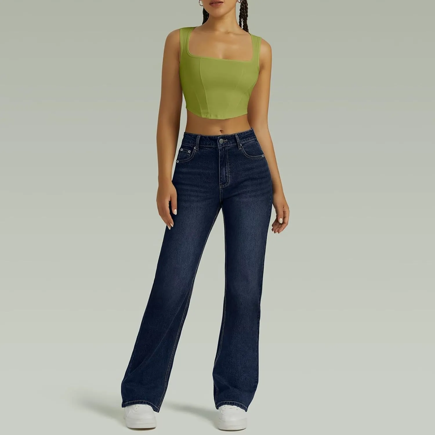 Wide Leg Jeans for Women Cropped High Waisted Trendy Button Fly Patch Pocket Stretchy Denim Pants Trousers Jeans