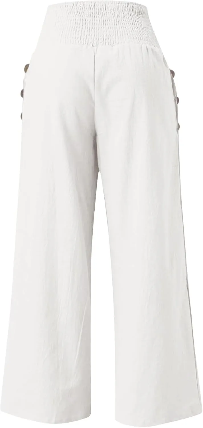 Wide Leg Linen Lounge Pants for Woman Smocked Elastic High Waisted Casual Palazzo Casual Long Trousers with Pocket