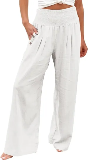 Wide Leg Linen Lounge Pants for Woman Smocked Elastic High Waisted Casual Palazzo Casual Long Trousers with Pocket