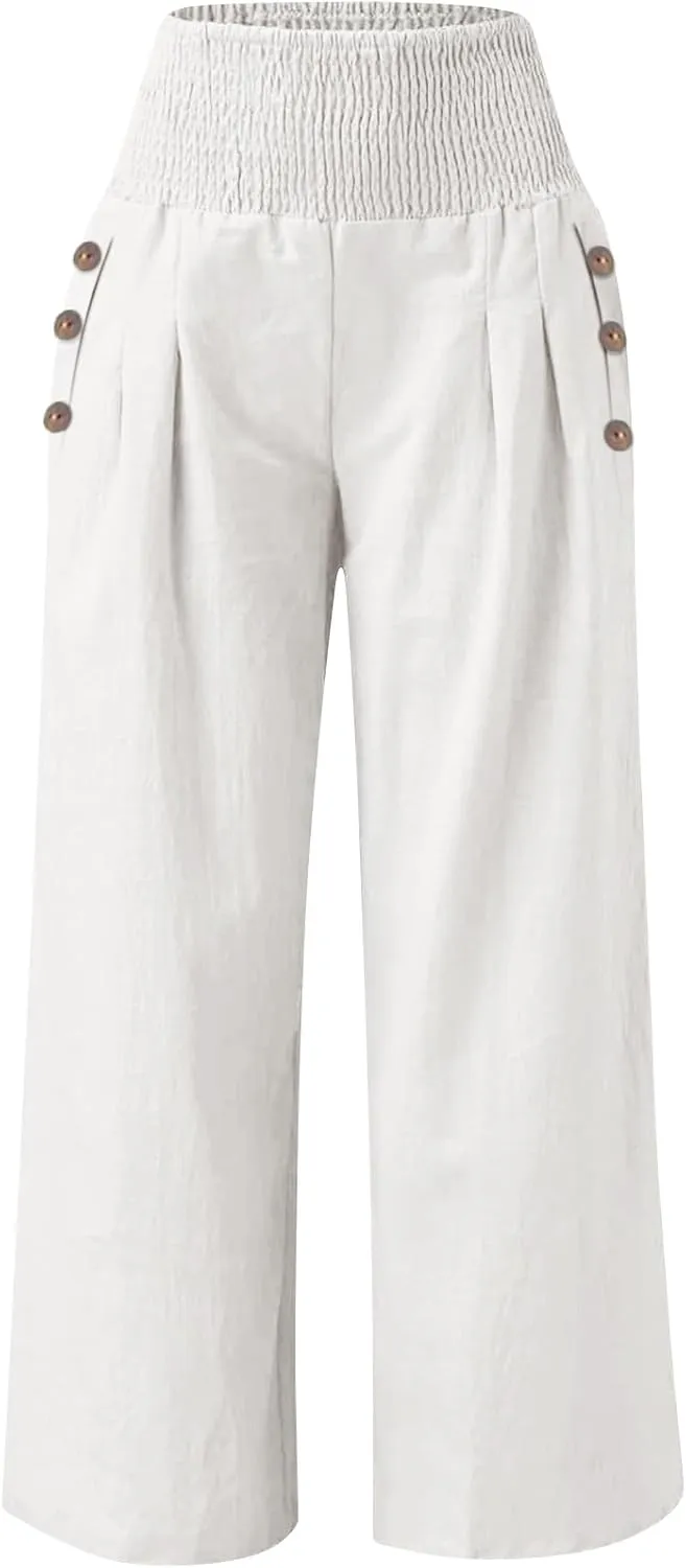 Wide Leg Linen Lounge Pants for Woman Smocked Elastic High Waisted Casual Palazzo Casual Long Trousers with Pocket