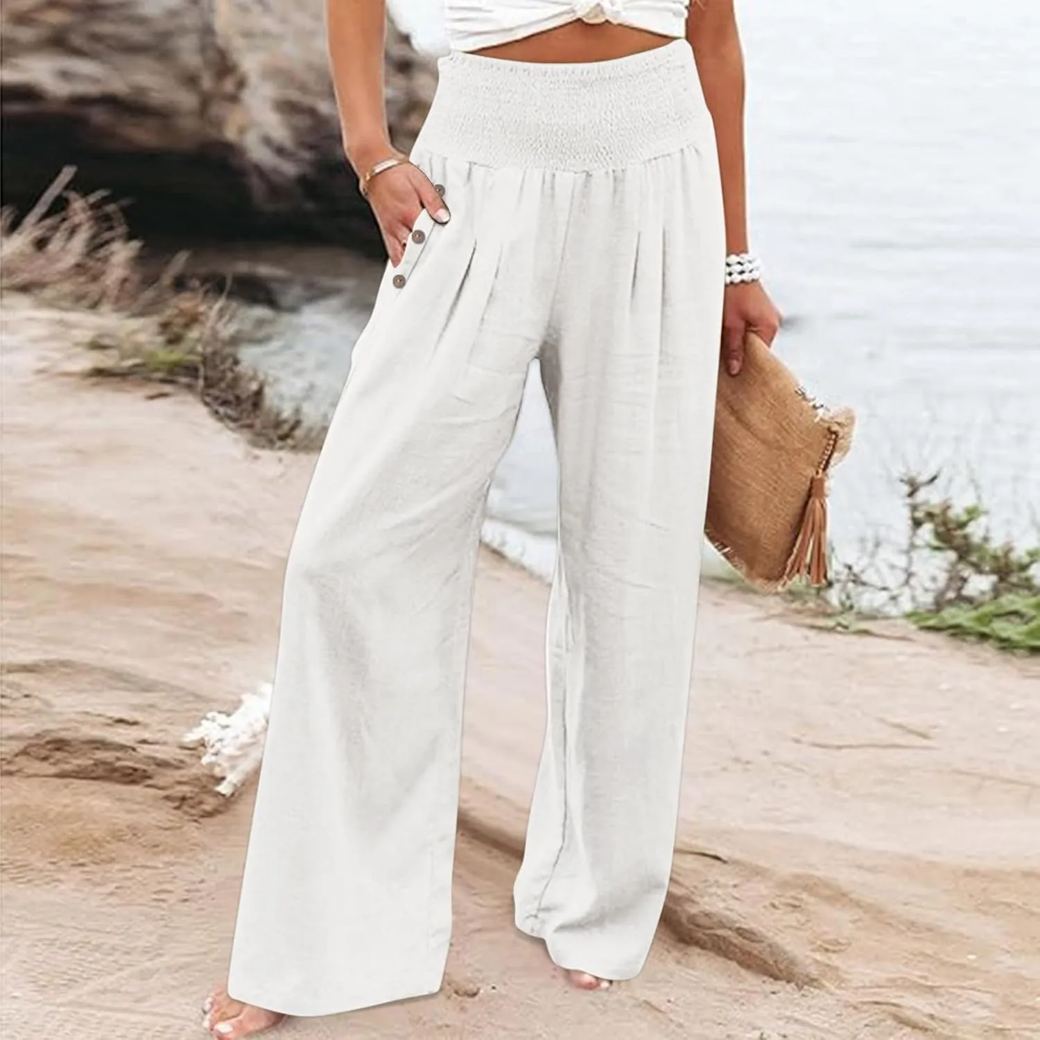 Wide Leg Linen Lounge Pants for Woman Smocked Elastic High Waisted Casual Palazzo Casual Long Trousers with Pocket