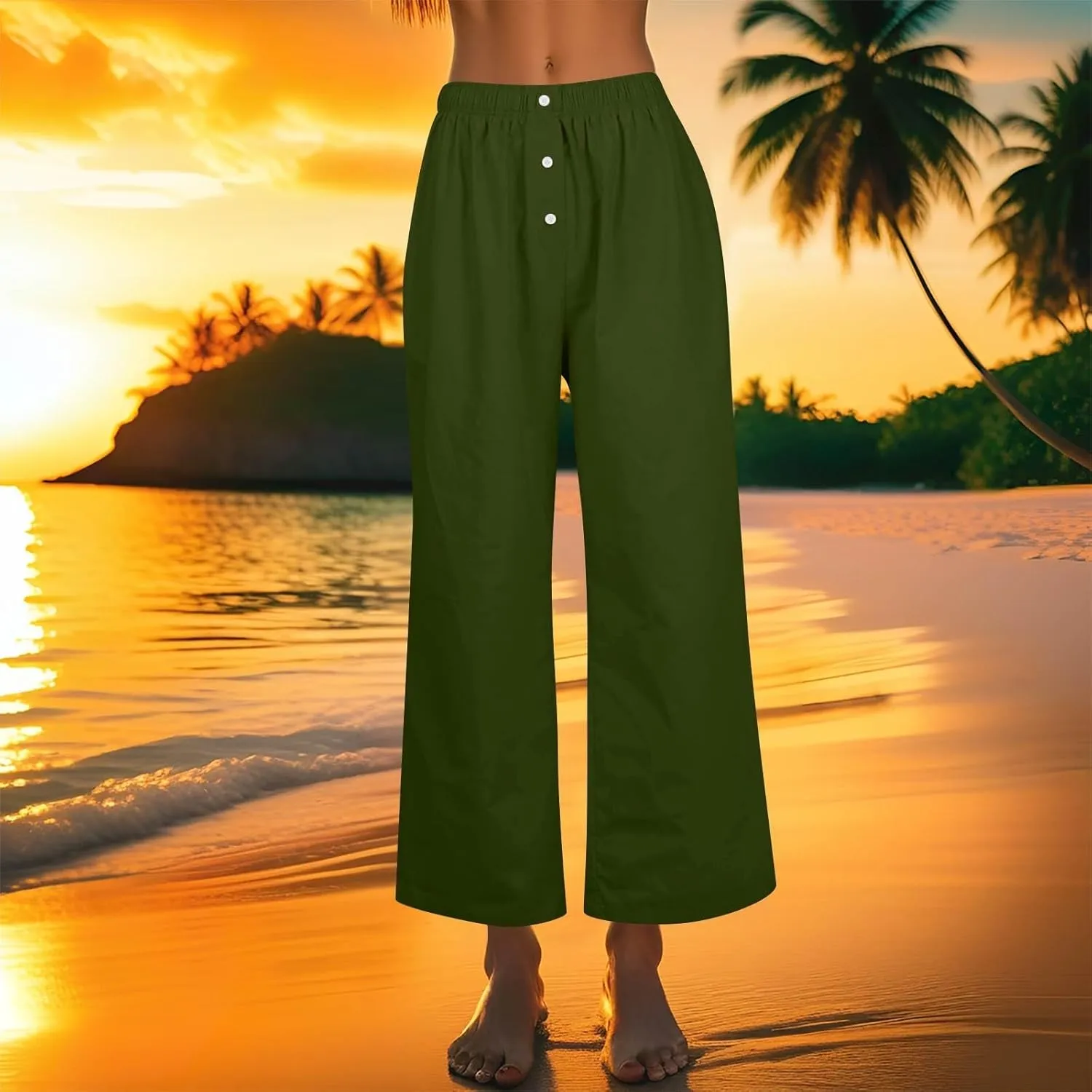 Wide Leg Linen Pants for Women Summer Casual Pants Elastic Waist Trouser Work Palazzo Pant with Pockets (S-2Xl)