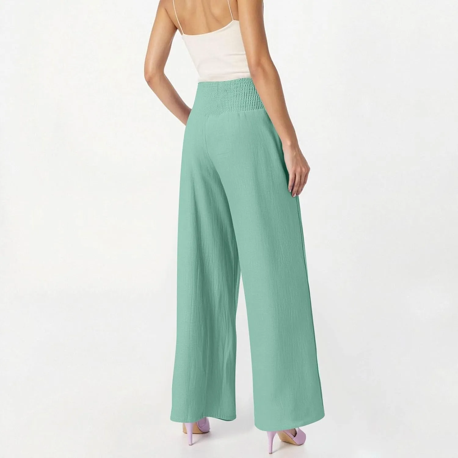 Wide Leg Linen Pants for Women Summer Smocked High Waisted Casual Palazzo Pants Lounge Trouser with Pockets (S-XXL)