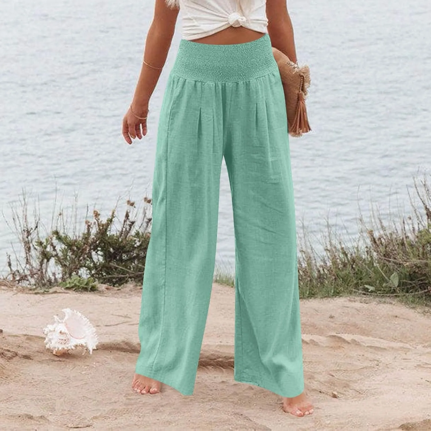 Wide Leg Linen Pants for Women Summer Smocked High Waisted Casual Palazzo Pants Lounge Trouser with Pockets (S-XXL)